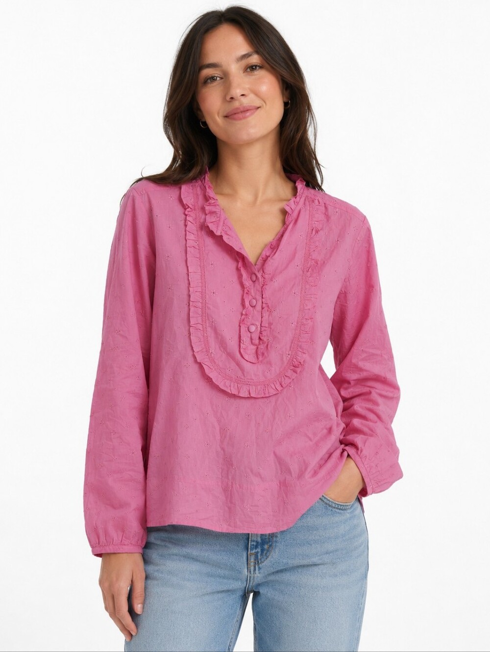 ​J. Crew Pink Eyelet Lace Ruffle Henley Blouse Small
